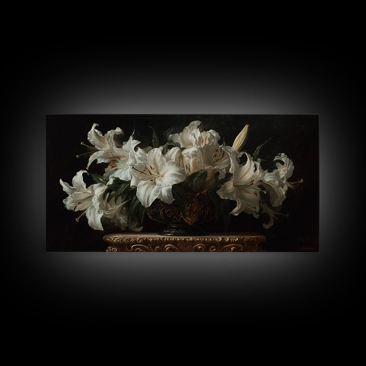 Dramatic White Lilies Framed Canvas Print, Baroque Art, Modern Wall Art, Living Room Decor, Fine Art, Ornate, Feminist Art, BAO-2x1-80