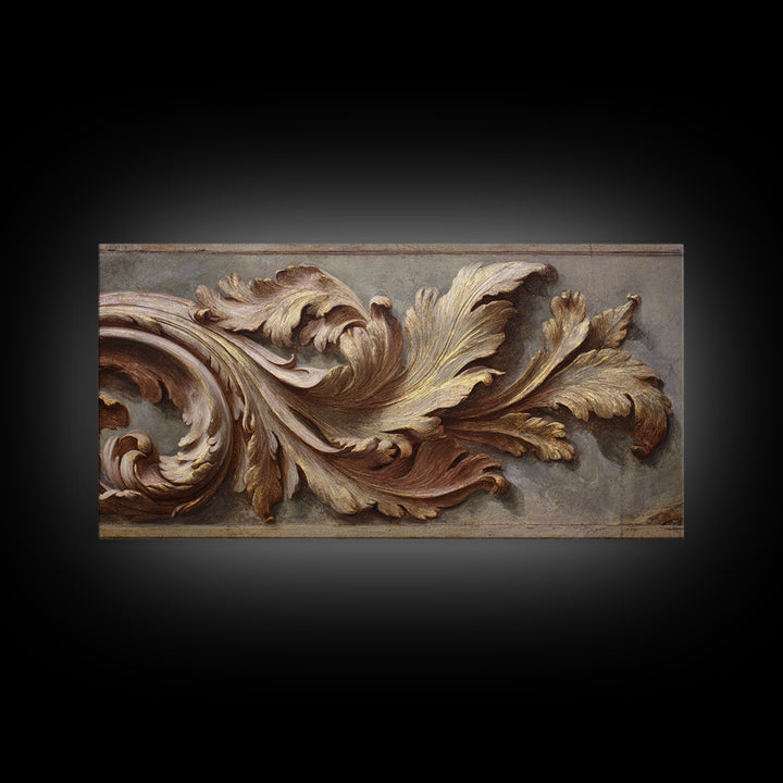 Carved Acanthus Leaf Ornament Study Framed Canvas Print, Baroque Art, Boho Decor, Living Room Decor, Oil Painting, Ornate, BAO-2x1-83