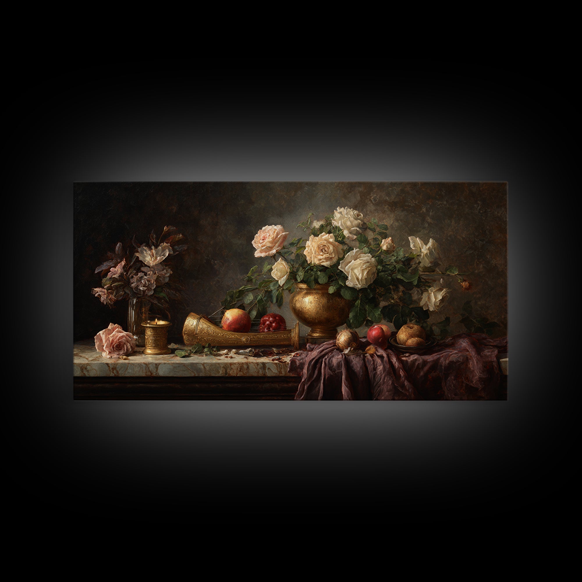 Golden Harp and Roses Framed Canvas Print, Baroque Art, Boho Decor, Living Room Decor, Fine Art, Ornate, Printable Wall Art, BAO-2x1-86
