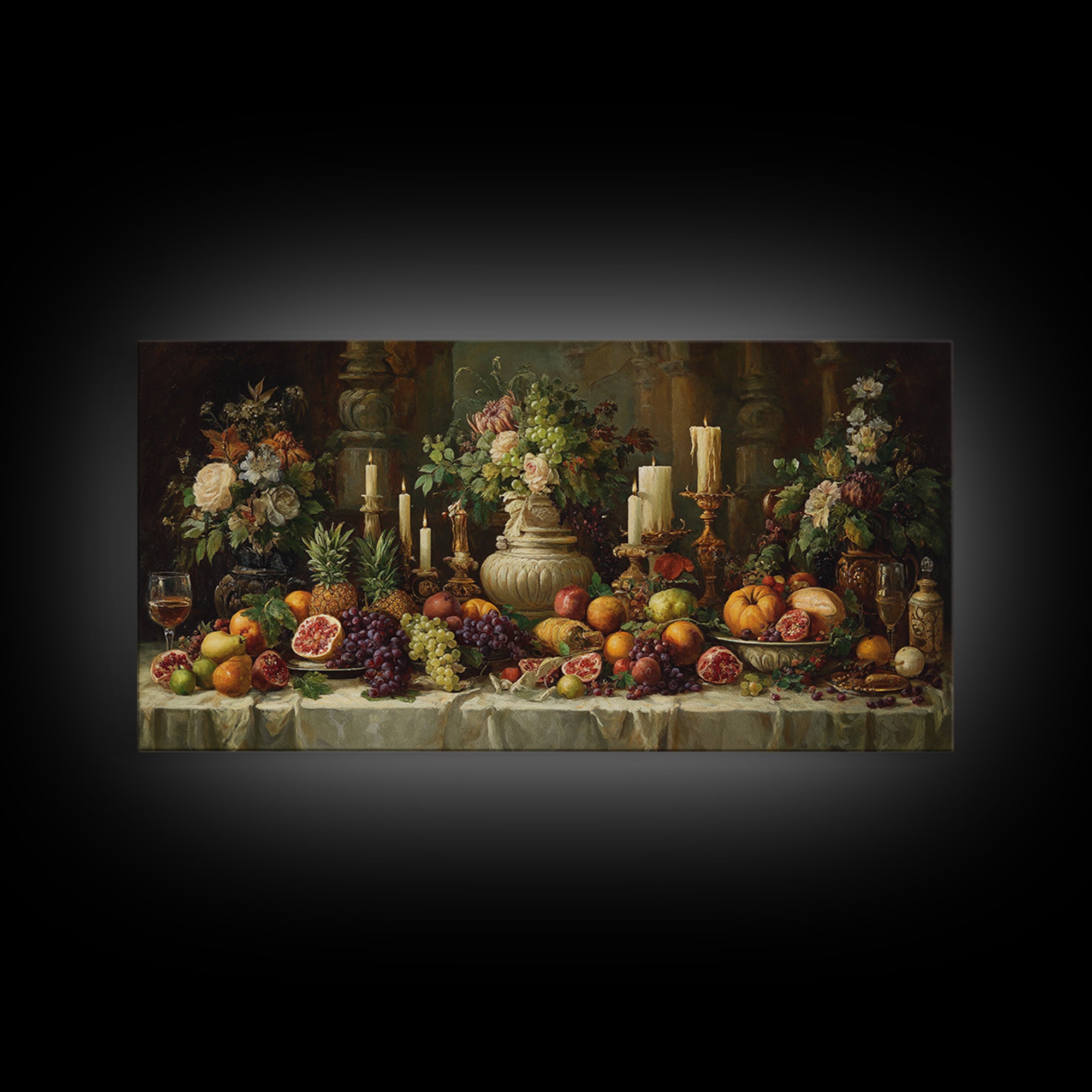 Lavish Banquet Fruit Composition Framed Canvas Print, Baroque Art, Whimsical Decor, Living Room Decor, Fine Art, Ornate, BAO-2x1-88