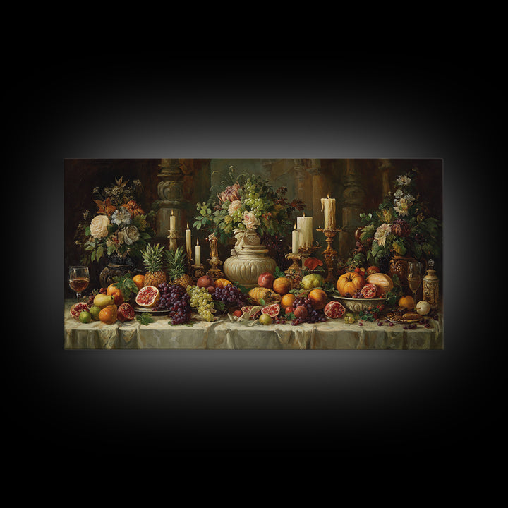 Lavish Banquet Fruit Composition Framed Canvas Print, Baroque Art, Whimsical Decor, Living Room Decor, Fine Art, Ornate, BAO-2x1-88