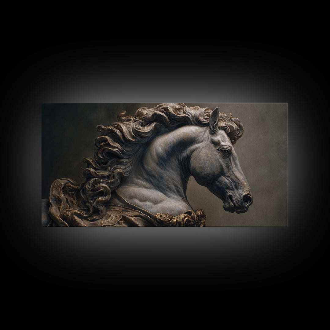 Dramatic Horse Portrait Framed Canvas Print, Baroque Art, 3d Wall Art, Living Room Decor, Oil Painting, Ornate, BAO-2x1-92