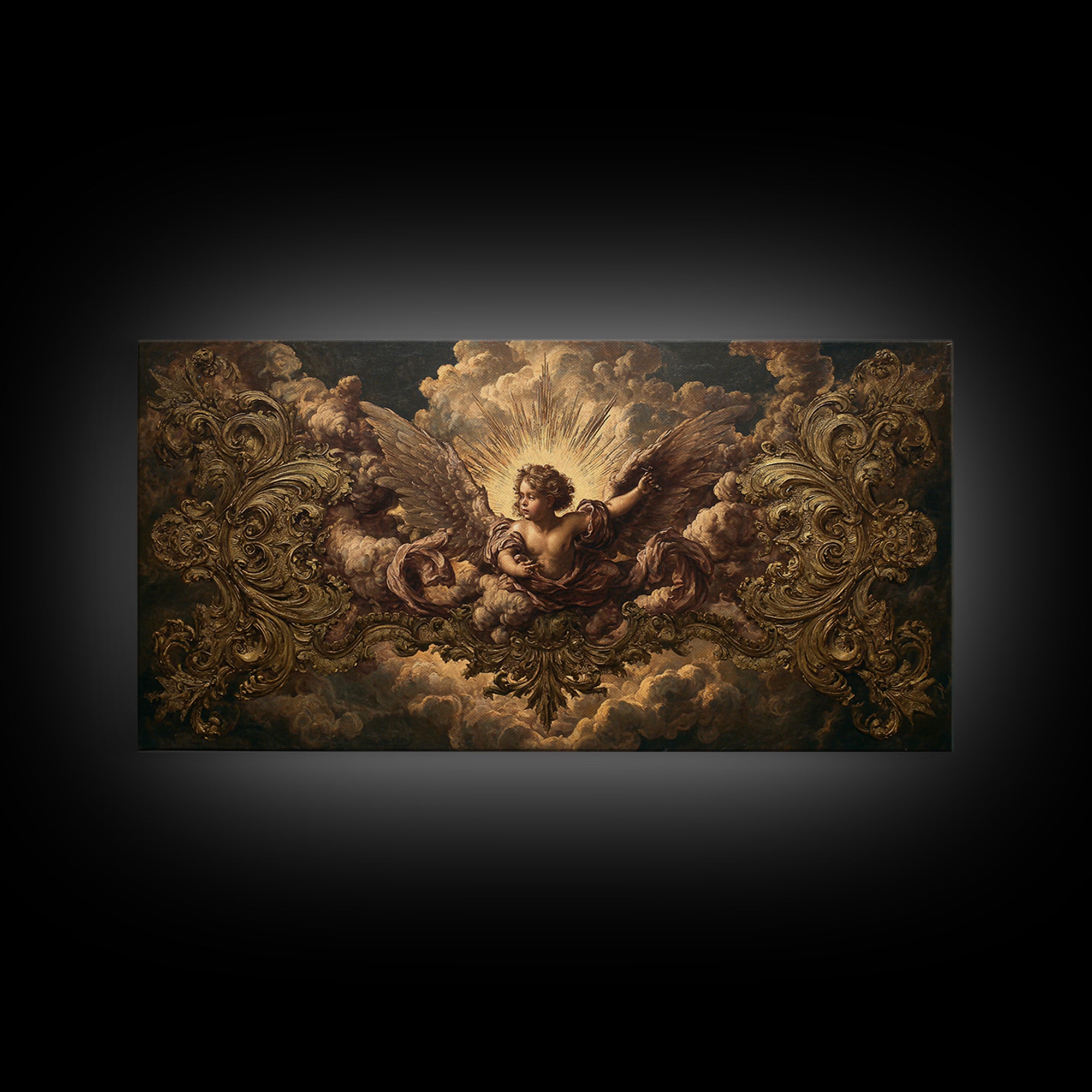 Ornate Cherub Figure Surrounded by Clouds and Canvas Print, Baroque Art, Luxury Decor, Living Room Decor, Fine Art, Ornate, BAO-2x1-94