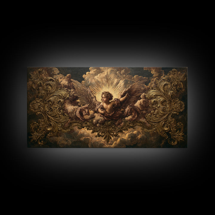 Ornate Cherub Figure Surrounded by Clouds and Canvas Print, Baroque Art, Luxury Decor, Living Room Decor, Fine Art, Ornate, BAO-2x1-94