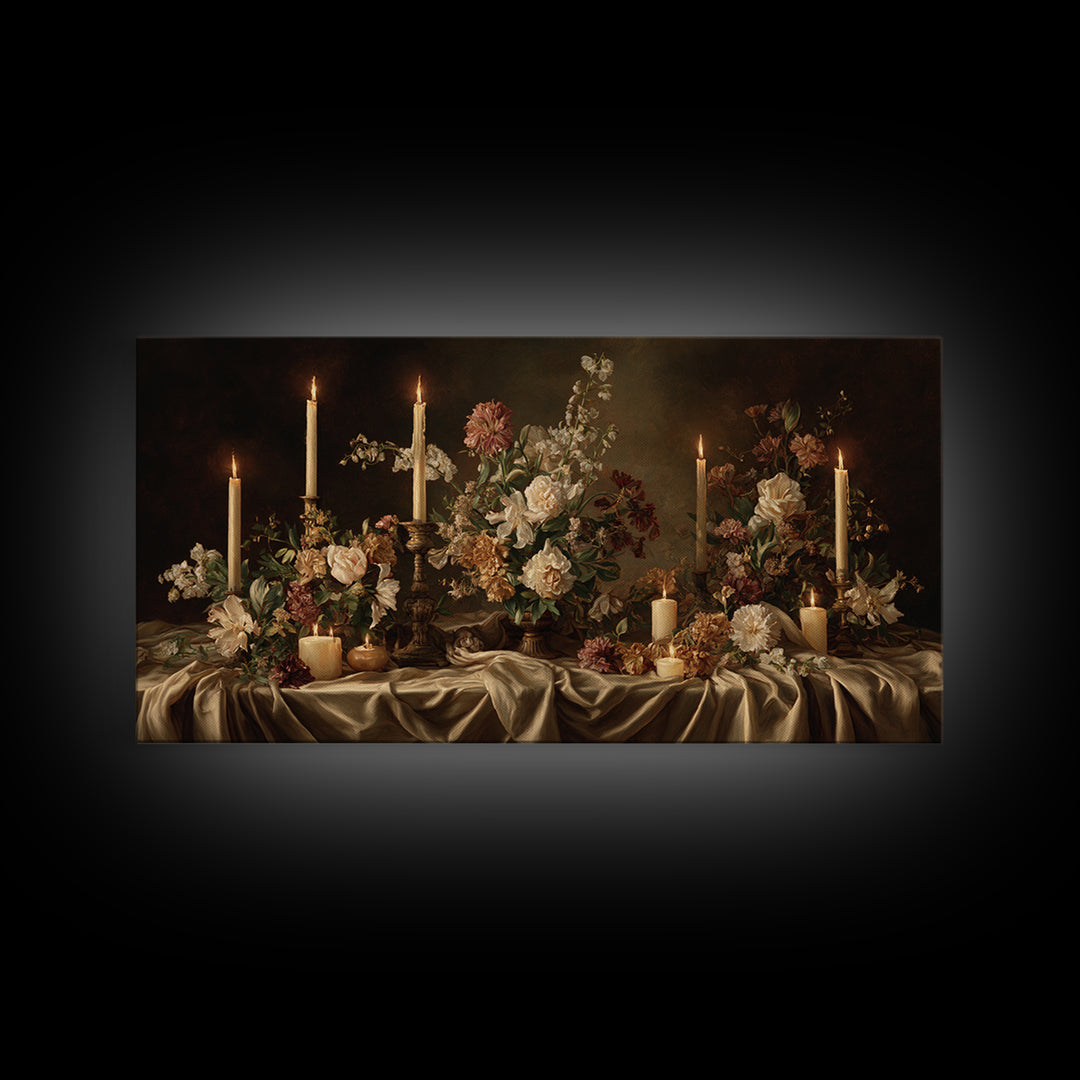 Velvet Drapery with Pearls Flowers and Candlelight Canvas Print, Baroque Art, Maximalist Decor, Living Room Decor, Ornate, BAO-2x1-95