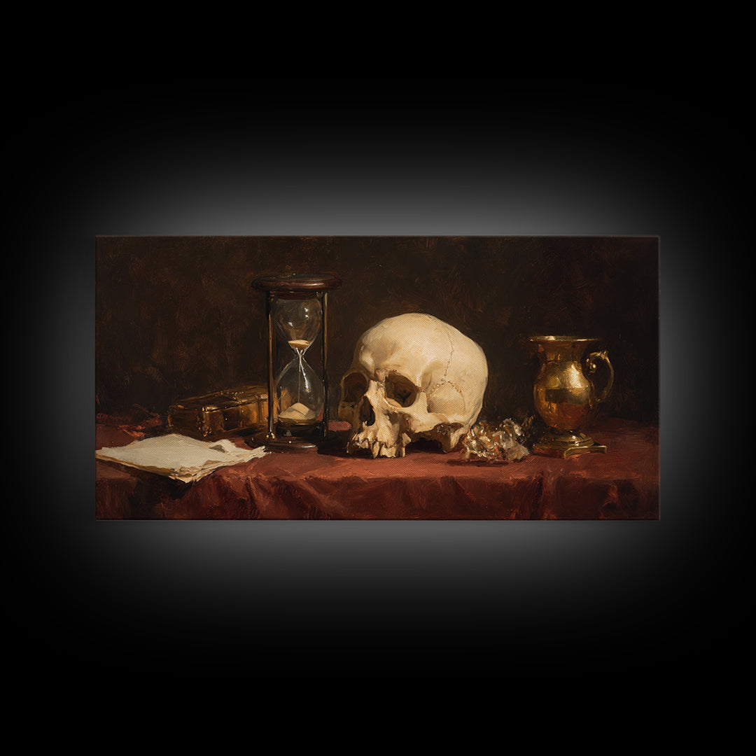 Skull and Hourglass Vanitas Still Life Framed Canvas Print, Baroque Art, Contemporary Art, Living Room Decor, Fine Art, Ornate, BAO-2x1-97