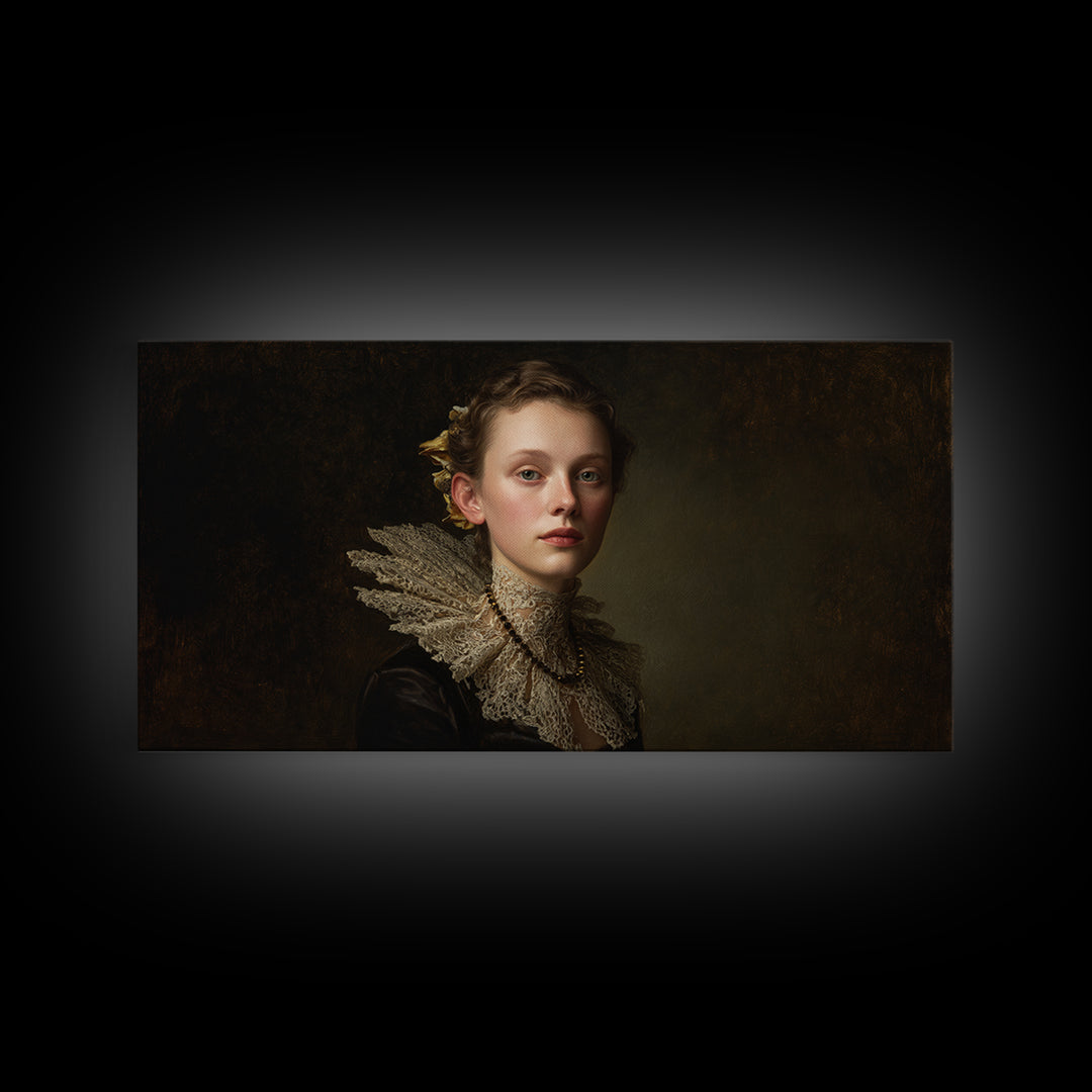 Classical Portrait with Lace Collar and Jewel Framed Canvas Print, Baroque Art, Oil Painting, Living Room Decor, Ornate, BAO-2x1-99