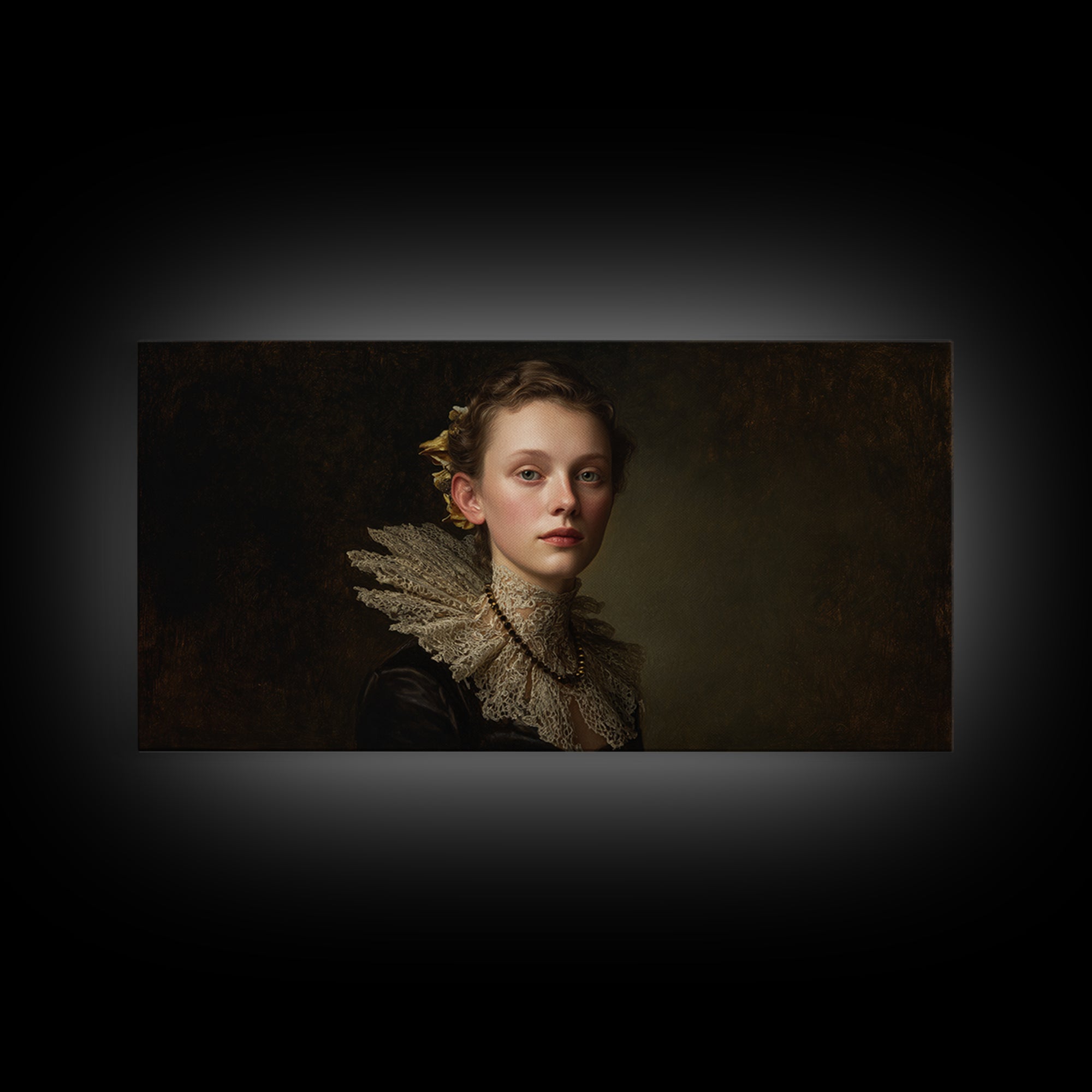 Classical Portrait with Lace Collar and Jewel Framed Canvas Print, Baroque Art, Oil Painting, Living Room Decor, Ornate, BAO-2x1-99