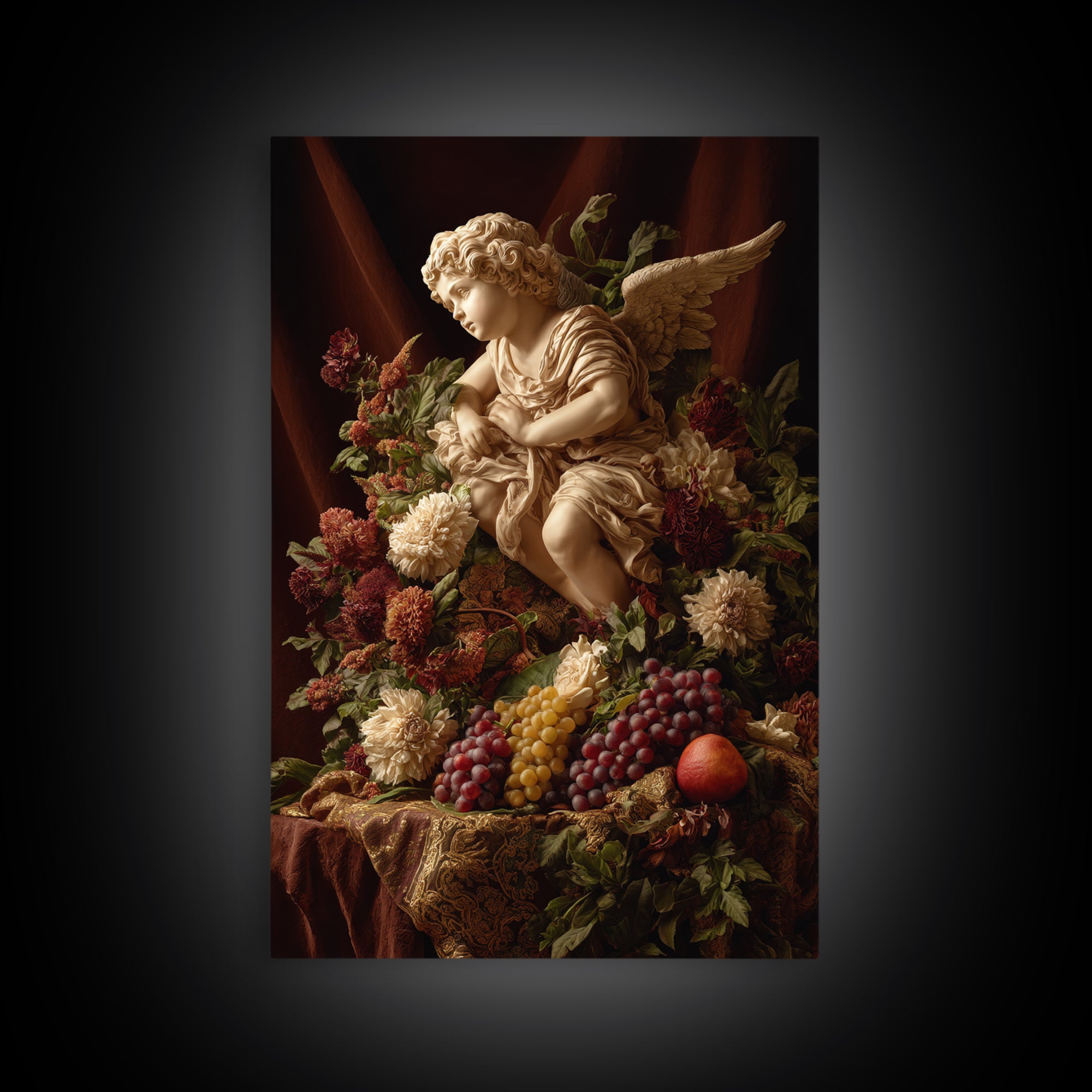 Ornate Cherub Figure Surrounded by Clouds and Canvas Print, Baroque Art, Art Nouveau Decor, Living Room Decor, Fine Art, Ornate, BAO-2x3-10