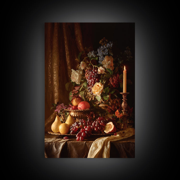 Lavish Banquet Fruit Composition Framed Canvas Print, Baroque Art, Eclectic Wall Art, Living Room Decor, Fine Art, Ornate, BAO-2x3-100