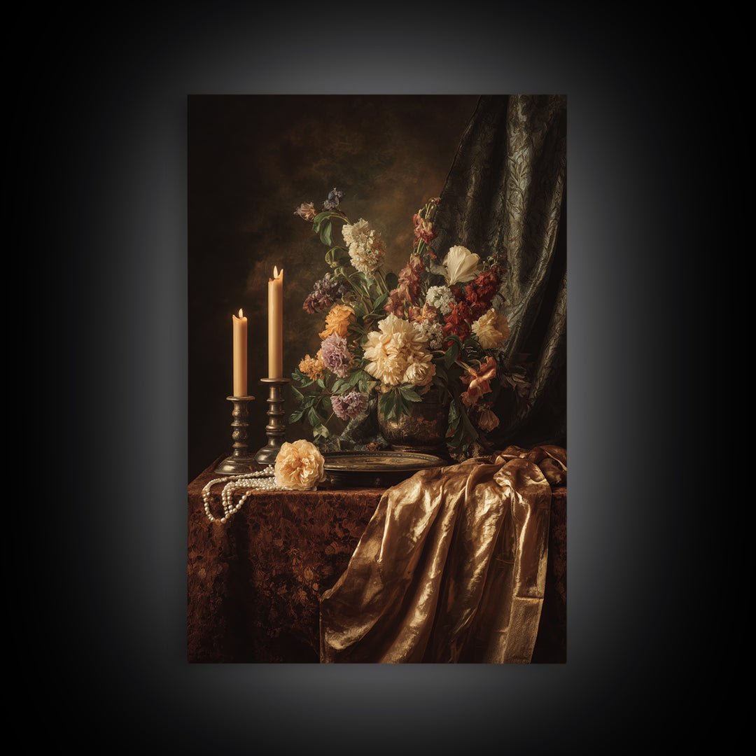 Velvet Drapery with Pearls Flowers and Candlelight Canvas Print, Baroque Art, Printable Art, Living Room Decor, Ornate, BAO-2x3-11