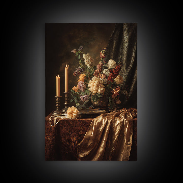 Velvet Drapery with Pearls Flowers and Candlelight Canvas Print, Baroque Art, Printable Art, Living Room Decor, Ornate, BAO-2x3-11