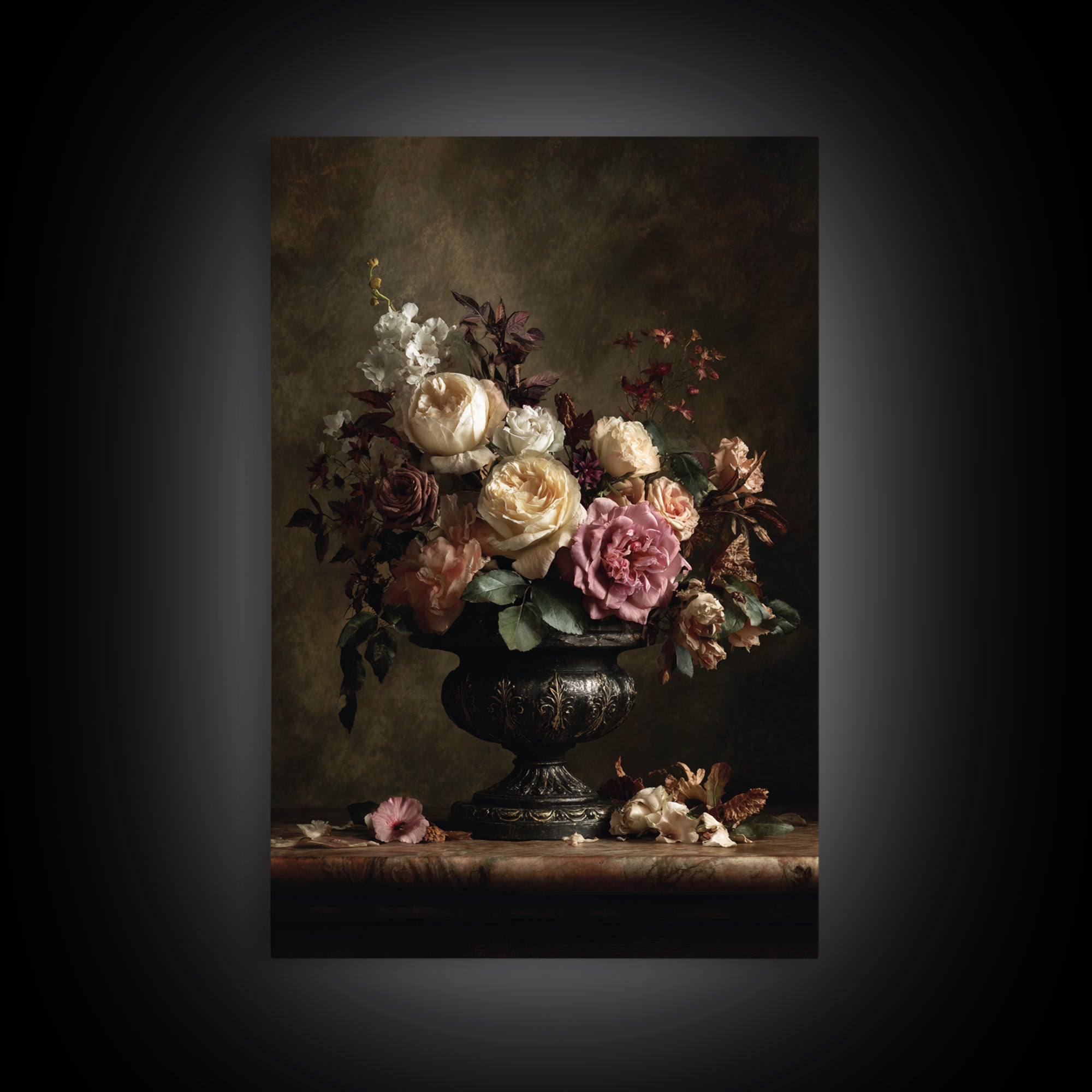 Dark Floral Arrangement Framed Canvas Print, Baroque Art, Feminist Art, Living Room Decor, Fine Art, Ornate, Luxury Decor, BAO-2x3-12