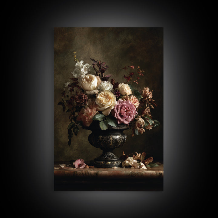 Dark Floral Arrangement Framed Canvas Print, Baroque Art, Feminist Art, Living Room Decor, Fine Art, Ornate, Luxury Decor, BAO-2x3-12