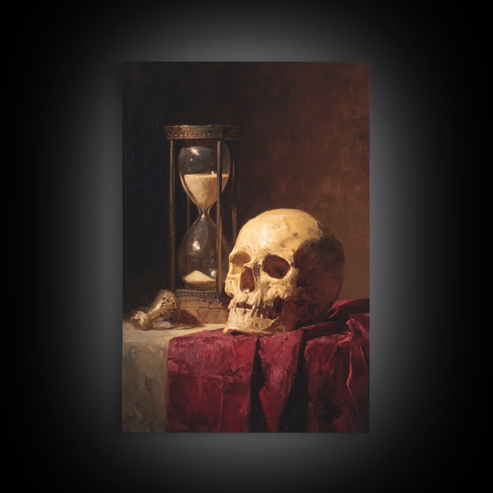 Skull and Hourglass Vanitas Still Life Framed Canvas Print, Baroque Art, Neutral Decor, Living Room Decor, Fine Art, Ornate, BAO-2x3-13