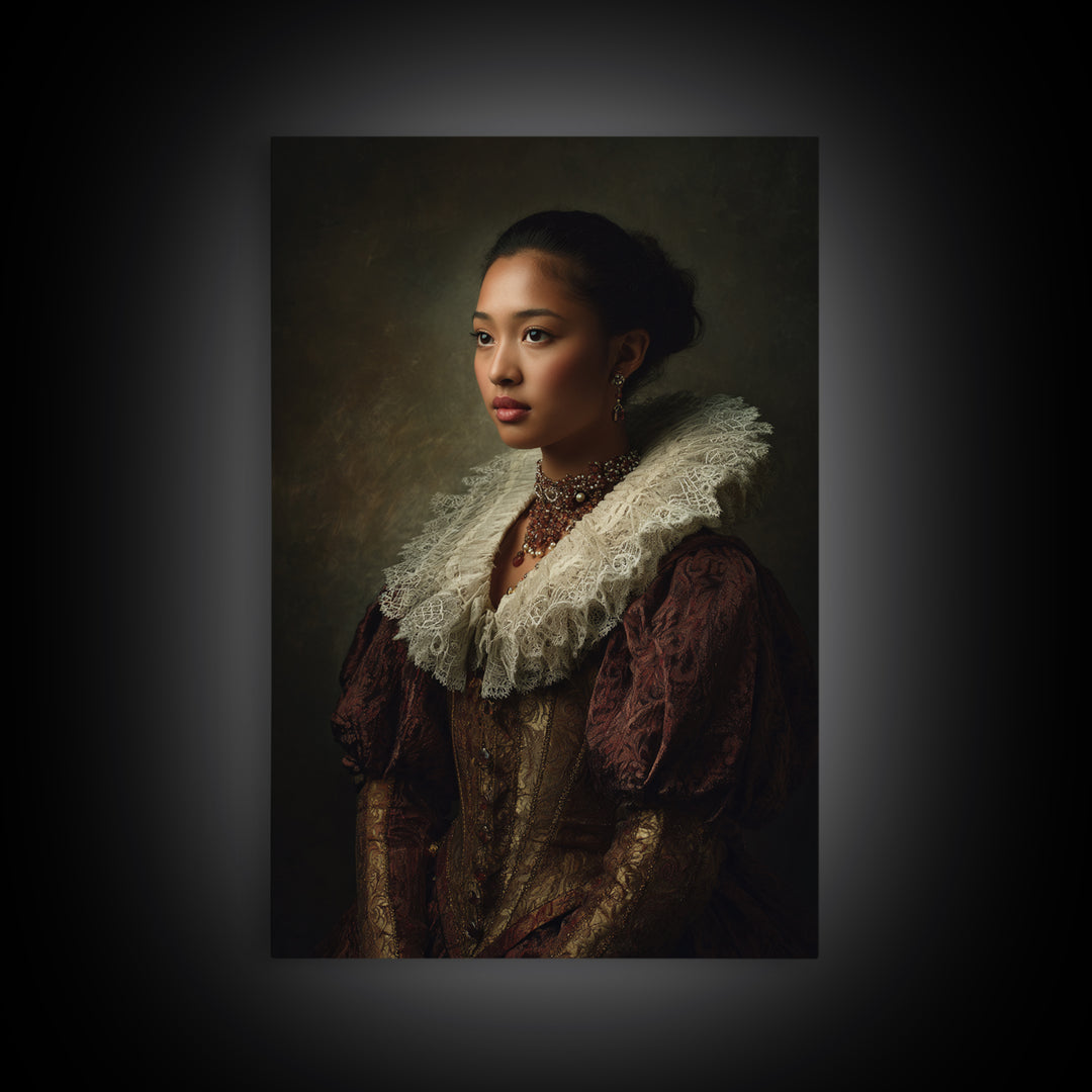 Classical Portrait with Lace Collar and Jewel Canvas Print, Baroque Art, Dark Academia Decor, Living Room Decor, Ornate, BAO-2x3-15