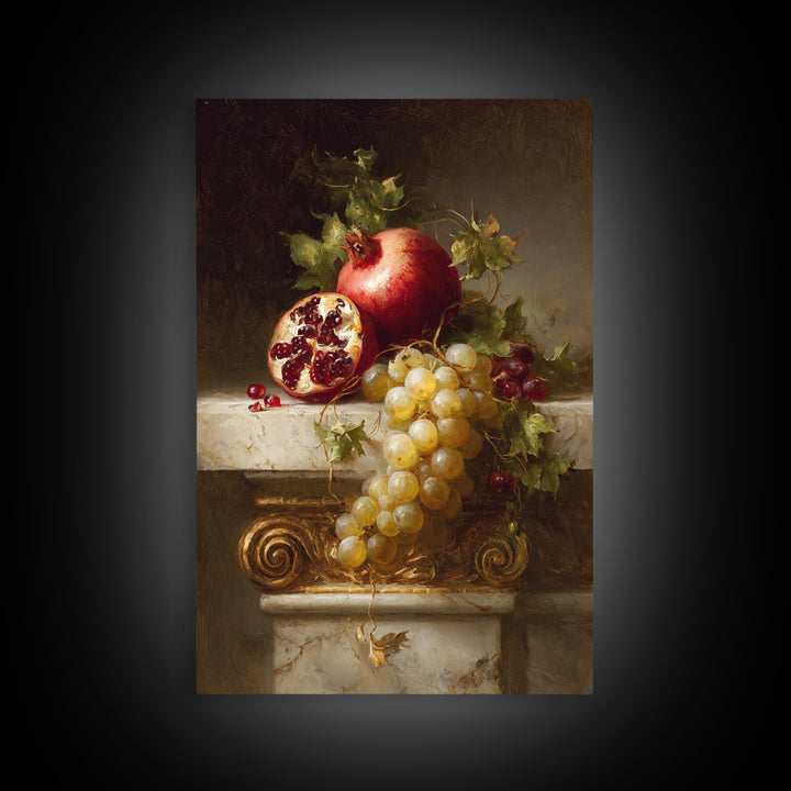 Pomegranate and Grapes on a Marble Ledge Canvas Print, Baroque Art, Printable Wall Art, Living Room Decor, Fine Art, Ornate, BAO-2x3-16