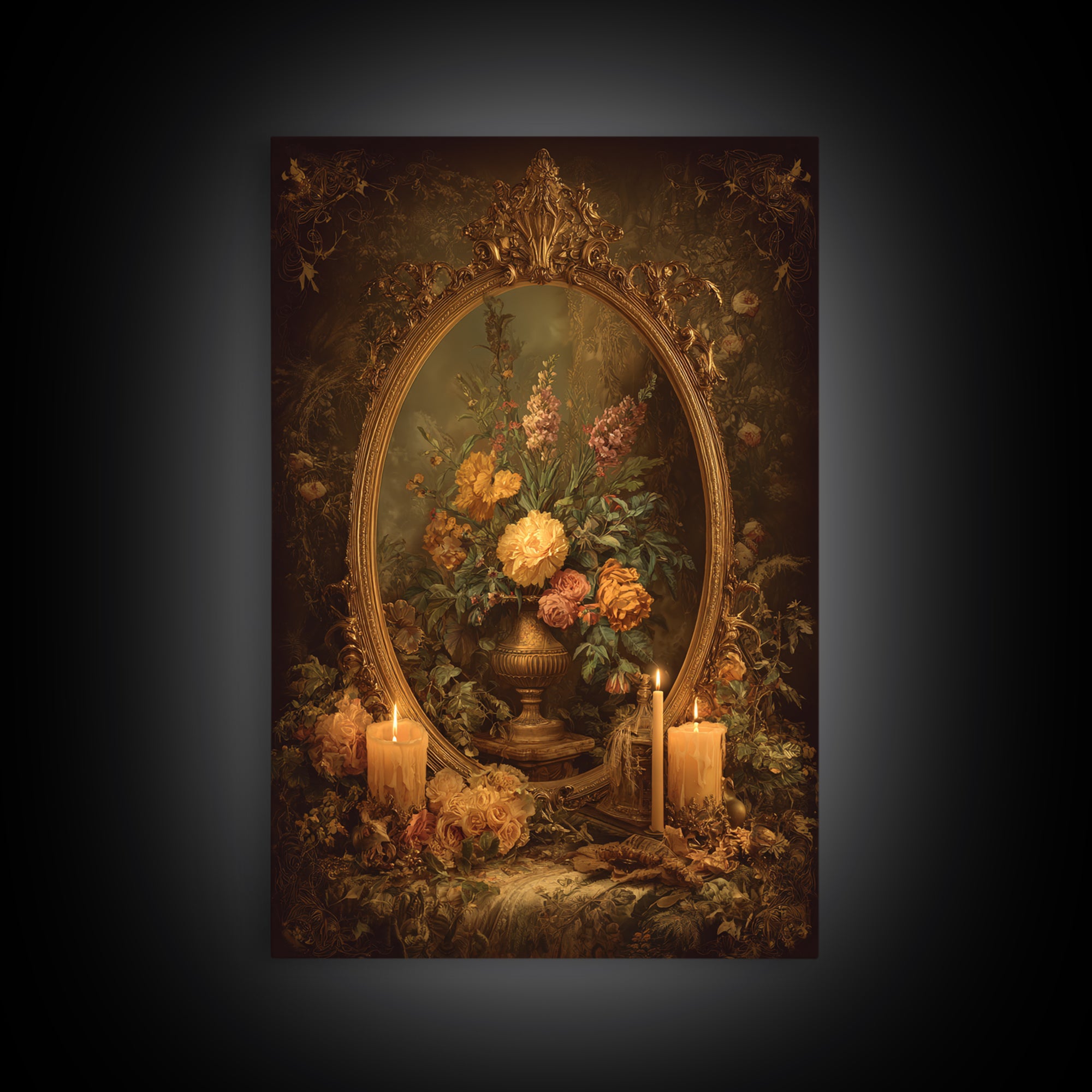 Ornate Gold Frame Illusion Around a Botanical Framed Canvas Print, Baroque Art, Modern Decor, Living Room Decor, Ornate, BAO-2x3-17