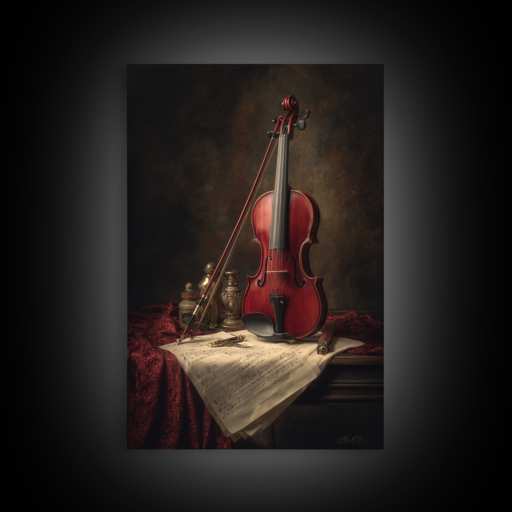 Baroque Violin and Sheet Music Still Life Framed Canvas Print, Baroque Art, Whimsical Decor, Living Room Decor, Ornate, BAO-2x3-19