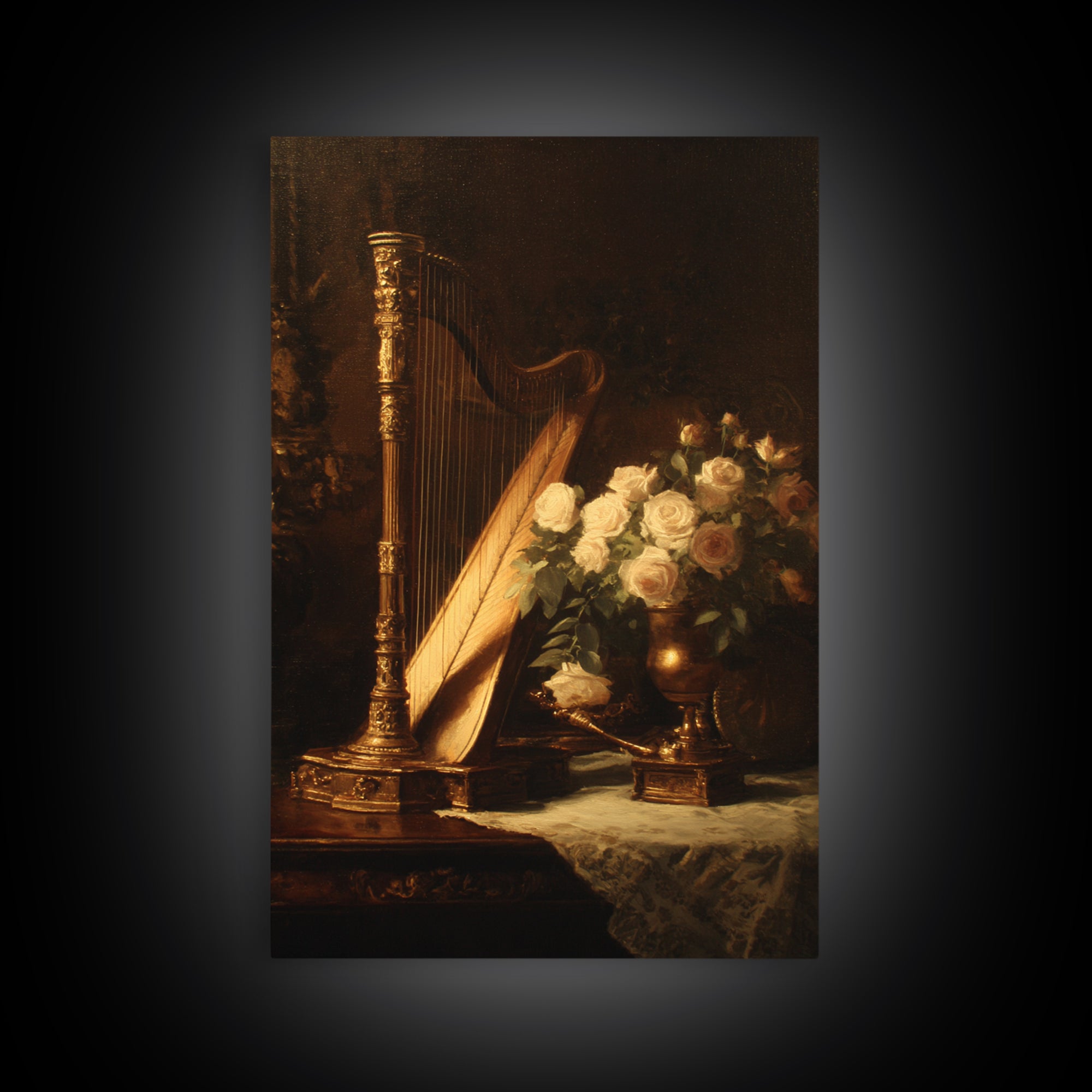 Golden Harp and Roses Framed Canvas Print, Baroque Art, Maximalist Wall Art, Living Room Decor, Abstract Art, Ornate, BAO-2x3-2