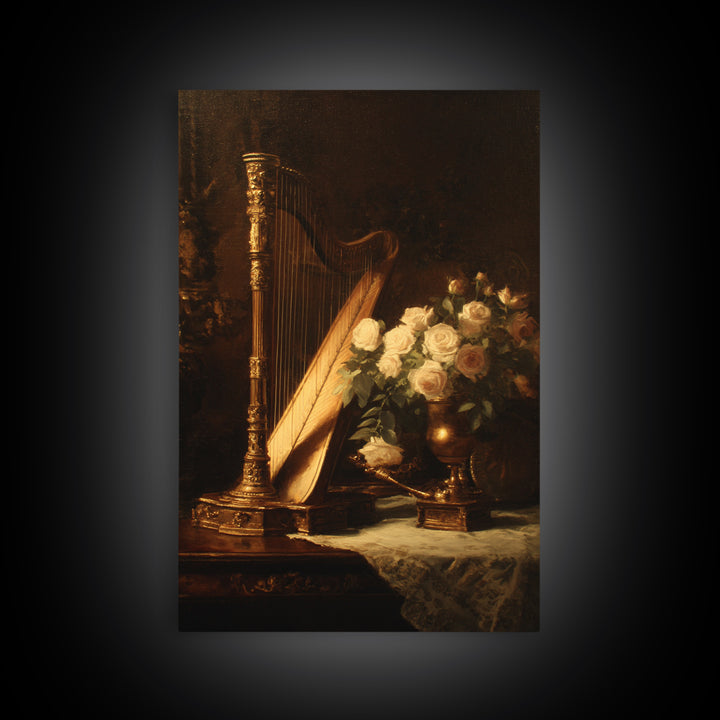 Golden Harp and Roses Framed Canvas Print, Baroque Art, Maximalist Wall Art, Living Room Decor, Abstract Art, Ornate, BAO-2x3-2