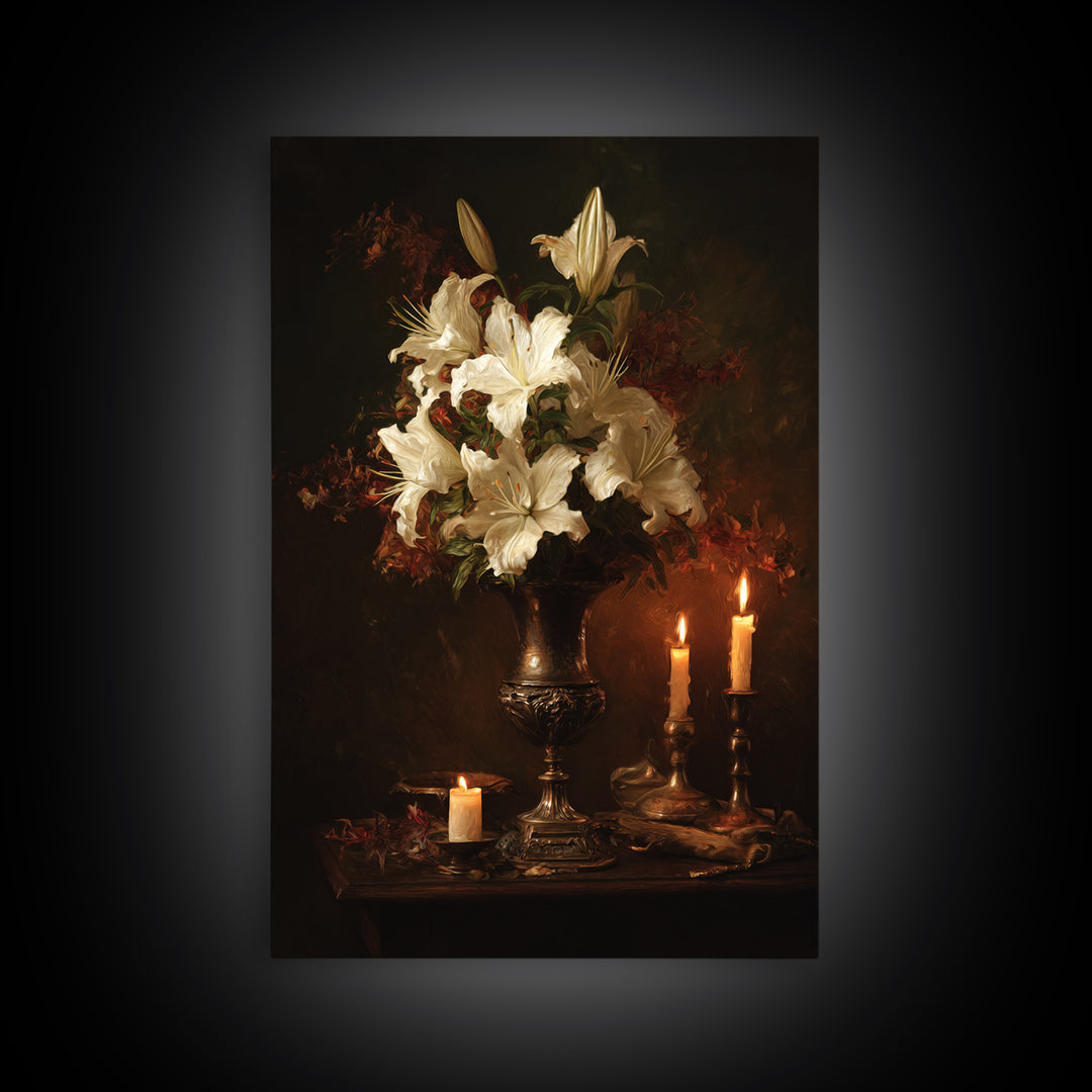 Dramatic White Lilies Framed Canvas Print, Baroque Art, Modern Decor, Living Room Decor, Oil Painting, Ornate, Poster, BAO-2x3-20