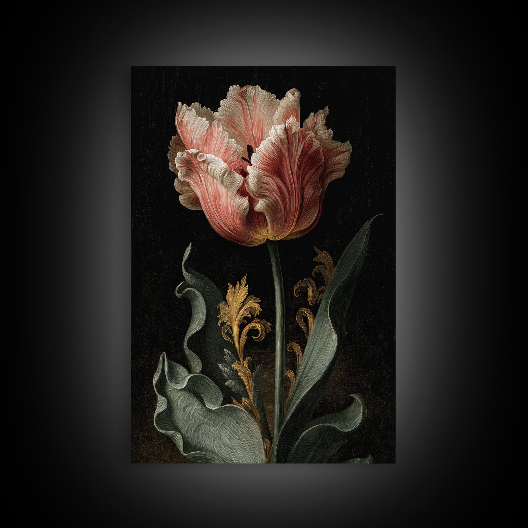 Black Background Tulips Framed Canvas Print, Baroque Art, Oil Painting, Living Room Decor, Fine Art, Ornate, Eclectic Wall Art, BAO-2x3-24