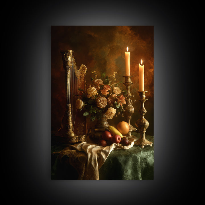 Golden Harp and Roses Framed Canvas Print, Baroque Art, Maximalist Wall Art, Living Room Decor, Abstract Art, Ornate, BAO-2x3-26