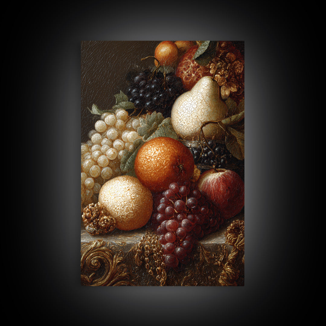 Lavish Banquet Fruit Composition Framed Canvas Print, Baroque Art, Textured Painting, Living Room Decor, Fine Art, Ornate, BAO-2x3-28