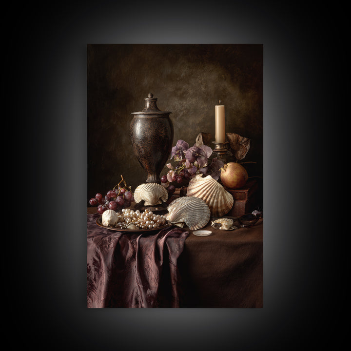 Ornamental Shell and Pearl Composition Framed Canvas Print, Baroque Art, Feminist Art, Living Room Decor, Fine Art, Ornate, BAO-2x3-30