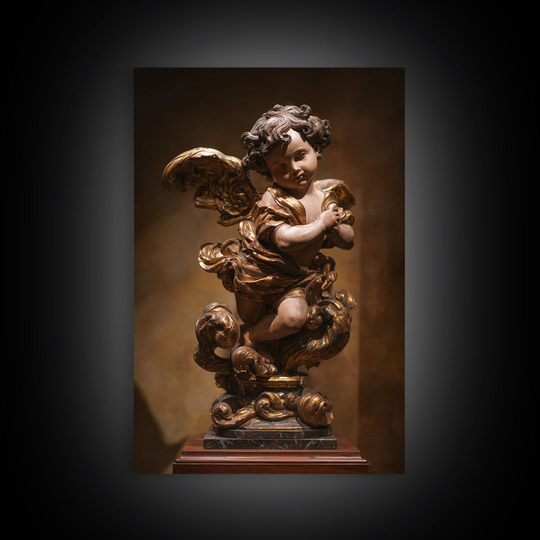 Ornate Cherub Figure Surrounded by Clouds and Framed Canvas Print, Baroque Art, Neutral Decor, Living Room Decor, Oil Painting, BAO-2x3-34