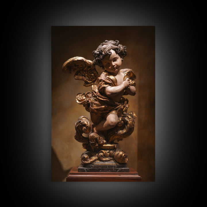 Ornate Cherub Figure Surrounded by Clouds and Framed Canvas Print, Baroque Art, Neutral Decor, Living Room Decor, Oil Painting, BAO-2x3-34