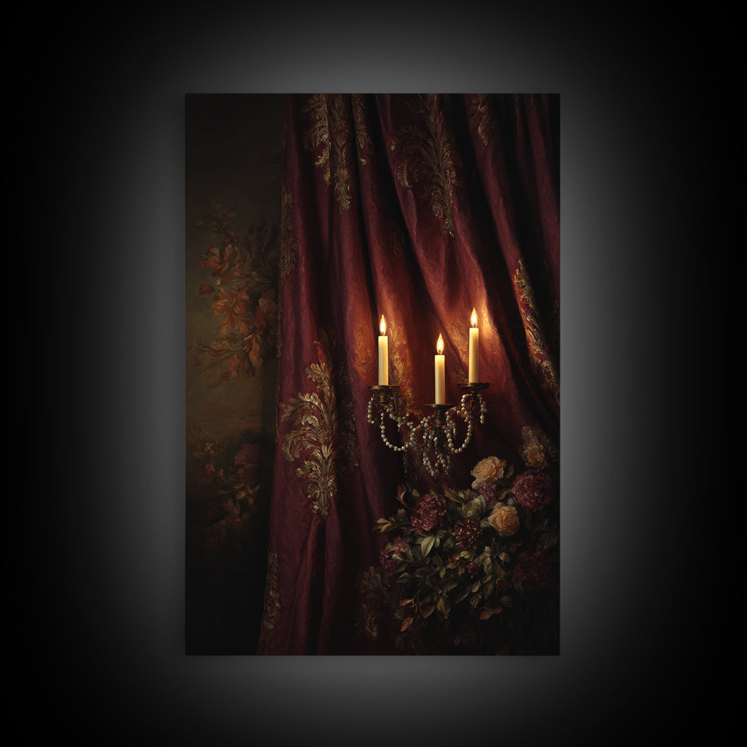Velvet Drapery with Pearls Flowers and Candlelight Canvas Print, Baroque Art, Portrait Painting, Living Room Decor, Ornate, BAO-2x3-35