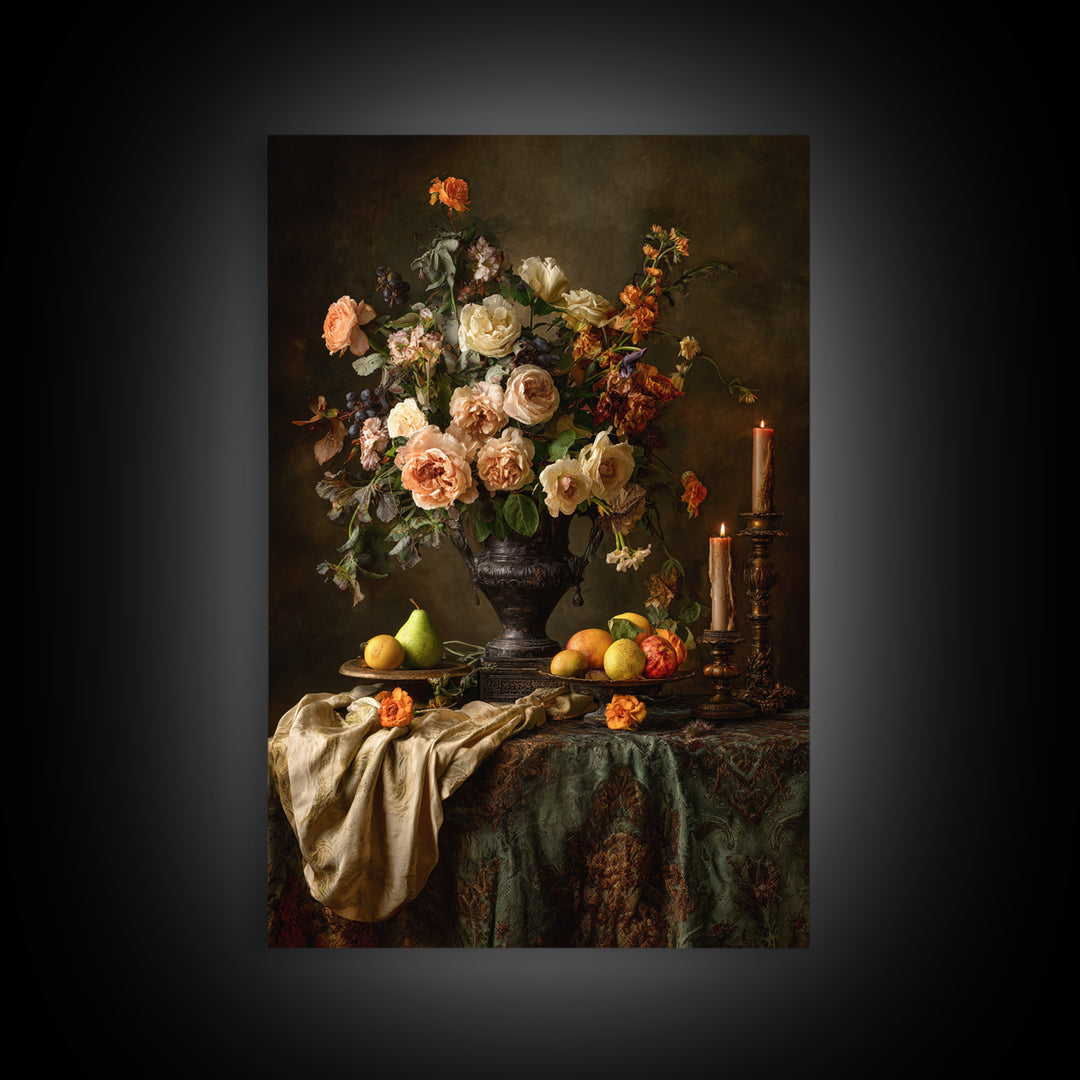 Dark Floral Arrangement Framed Canvas Print, Baroque Art, Decor, Living Room Decor, Fine Art, Ornate, Moody Wall Art, BAO-2x3-36