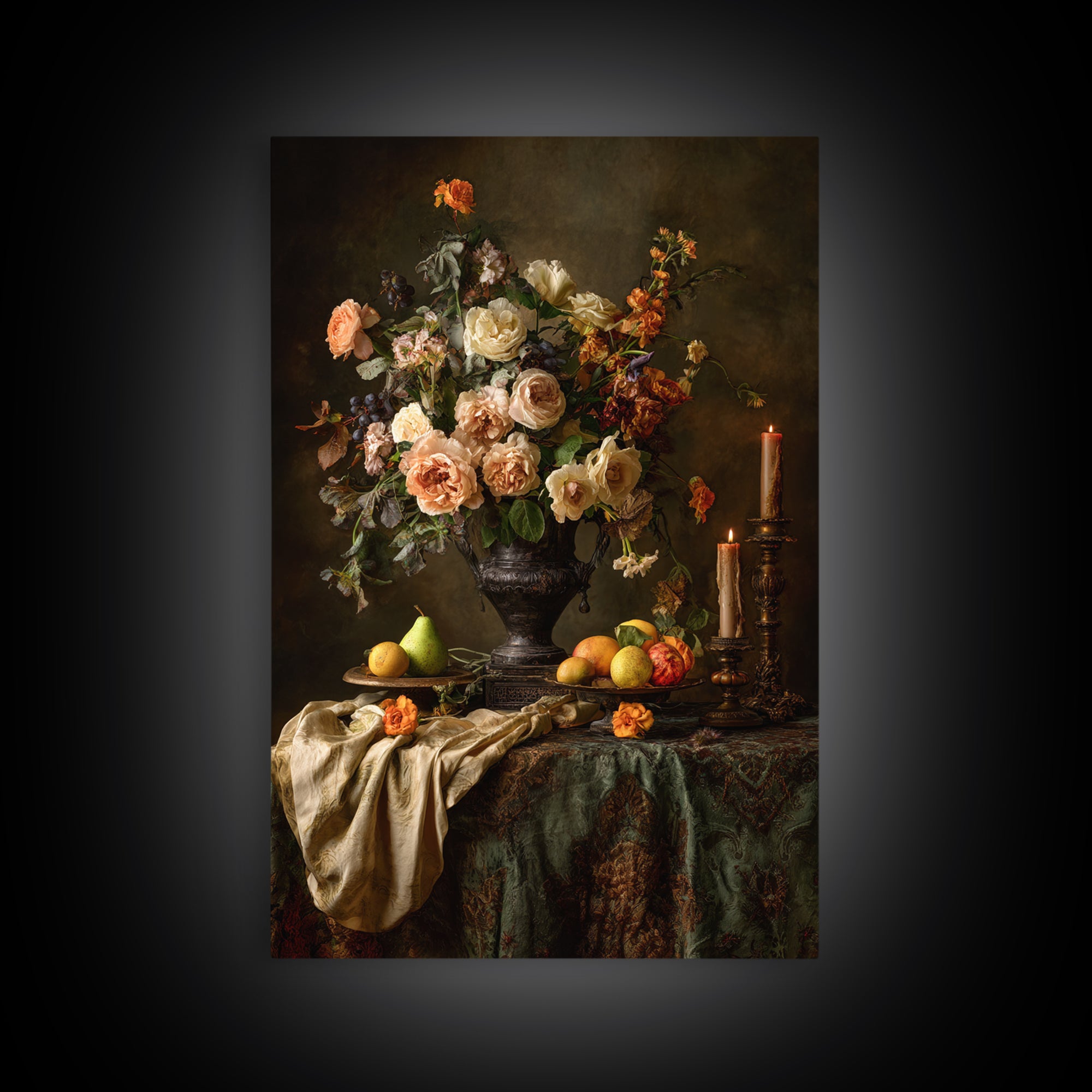 Dark Floral Arrangement Framed Canvas Print, Baroque Art, Decor, Living Room Decor, Fine Art, Ornate, Moody Wall Art, BAO-2x3-36
