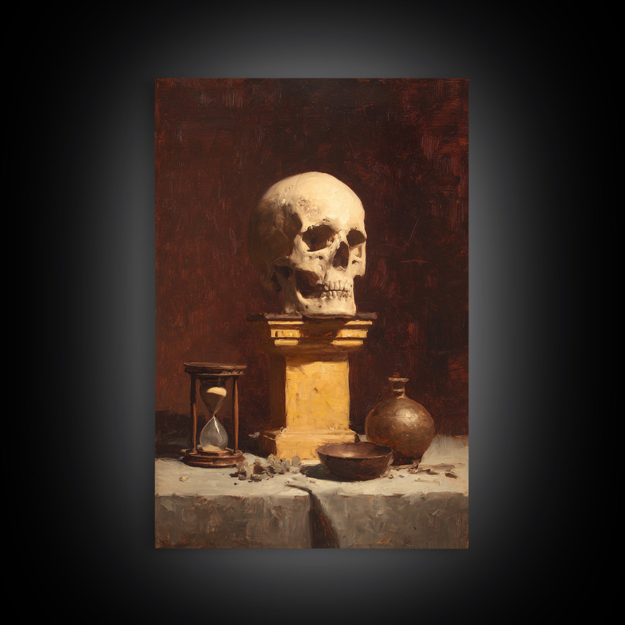Skull and Hourglass Vanitas Still Life Framed Canvas Print, Baroque Art, Neutral Decor, Living Room Decor, Fine Art, Ornate, BAO-2x3-37