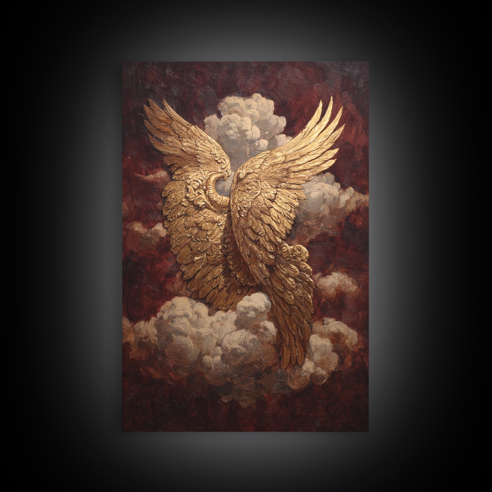 Gilded Angel Wings Emerging from Storm Clouds Framed Canvas Print, Baroque Art, Modern Decor, Living Room Decor, Ornate, BAO-2x3-38