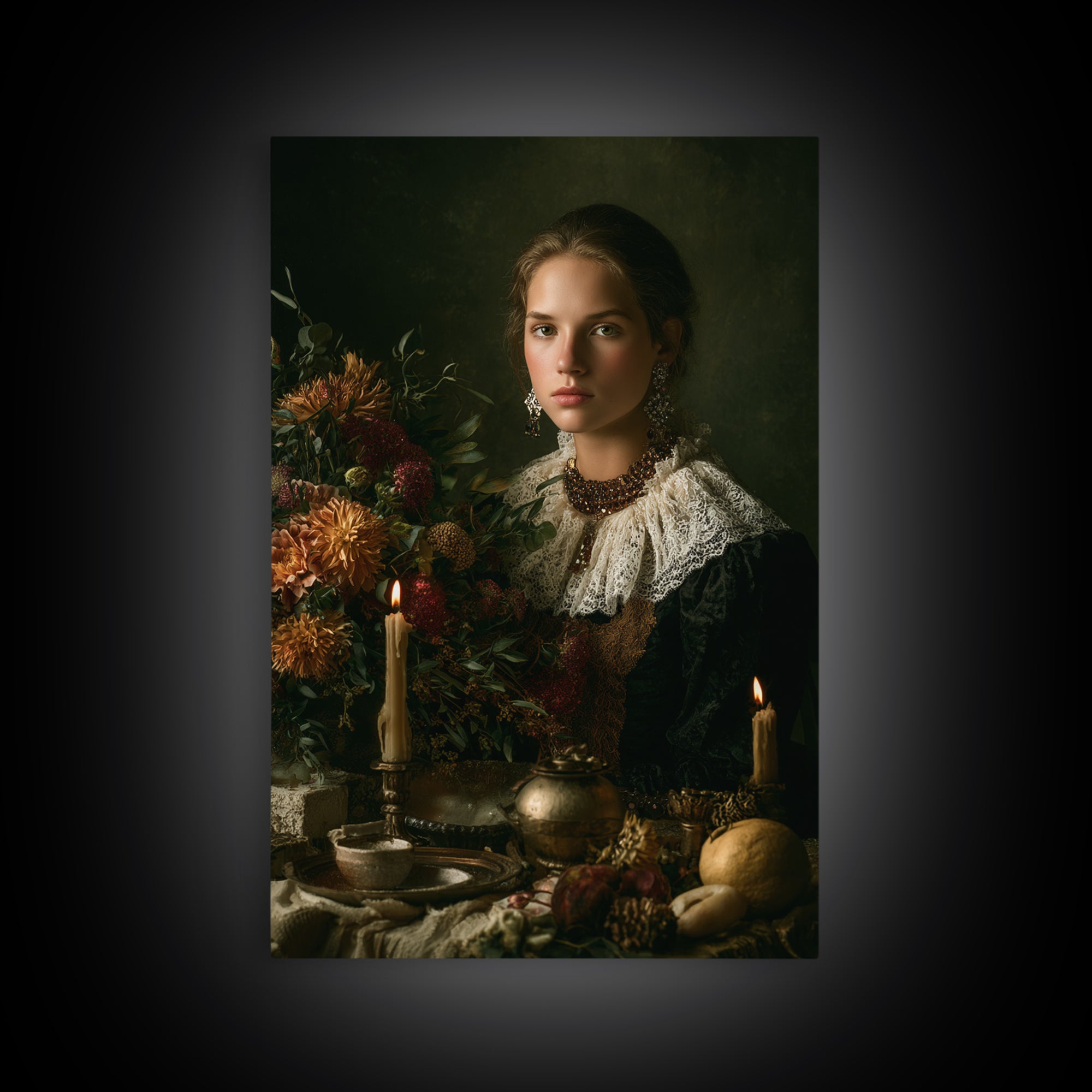 Classical Portrait with Lace Collar and Jewel Canvas Print, Baroque Art, Gallery Wall, Living Room Decor, Oil Painting, Ornate, BAO-2x3-39
