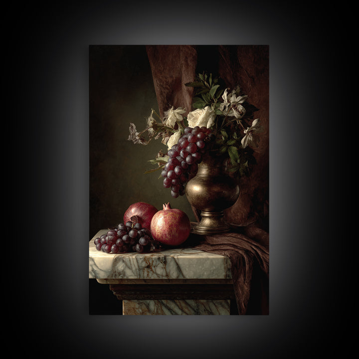 Pomegranate and Grapes on a Marble Ledge Canvas Print, Baroque Art, Moody Wall Art, Living Room Decor, Fine Art, Ornate, BAO-2x3-40