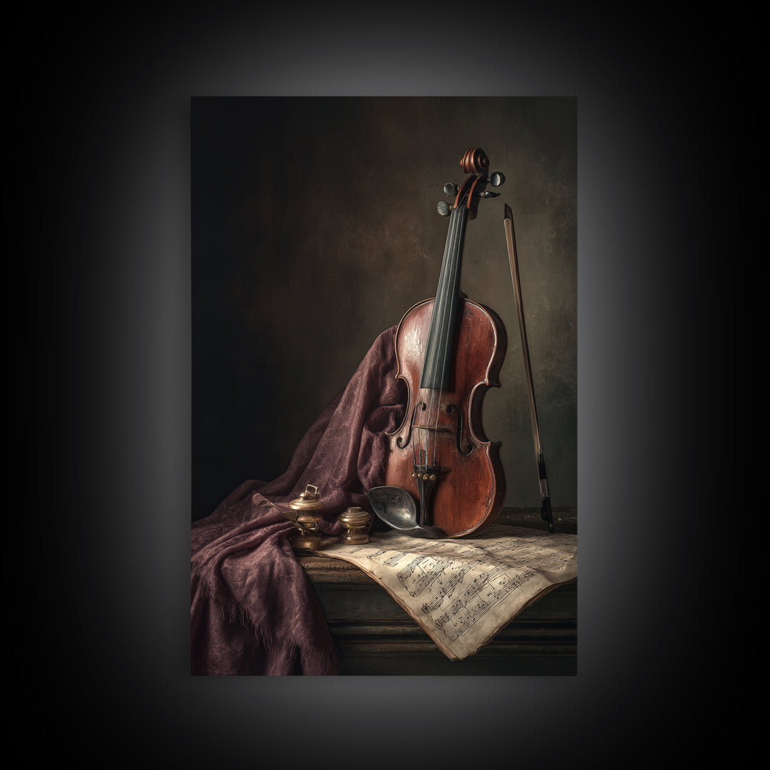 Baroque Violin and Sheet Music Still Life Framed Canvas Print, Baroque Art, Dark Academia Art, Living Room Decor, Ornate, BAO-2x3-43