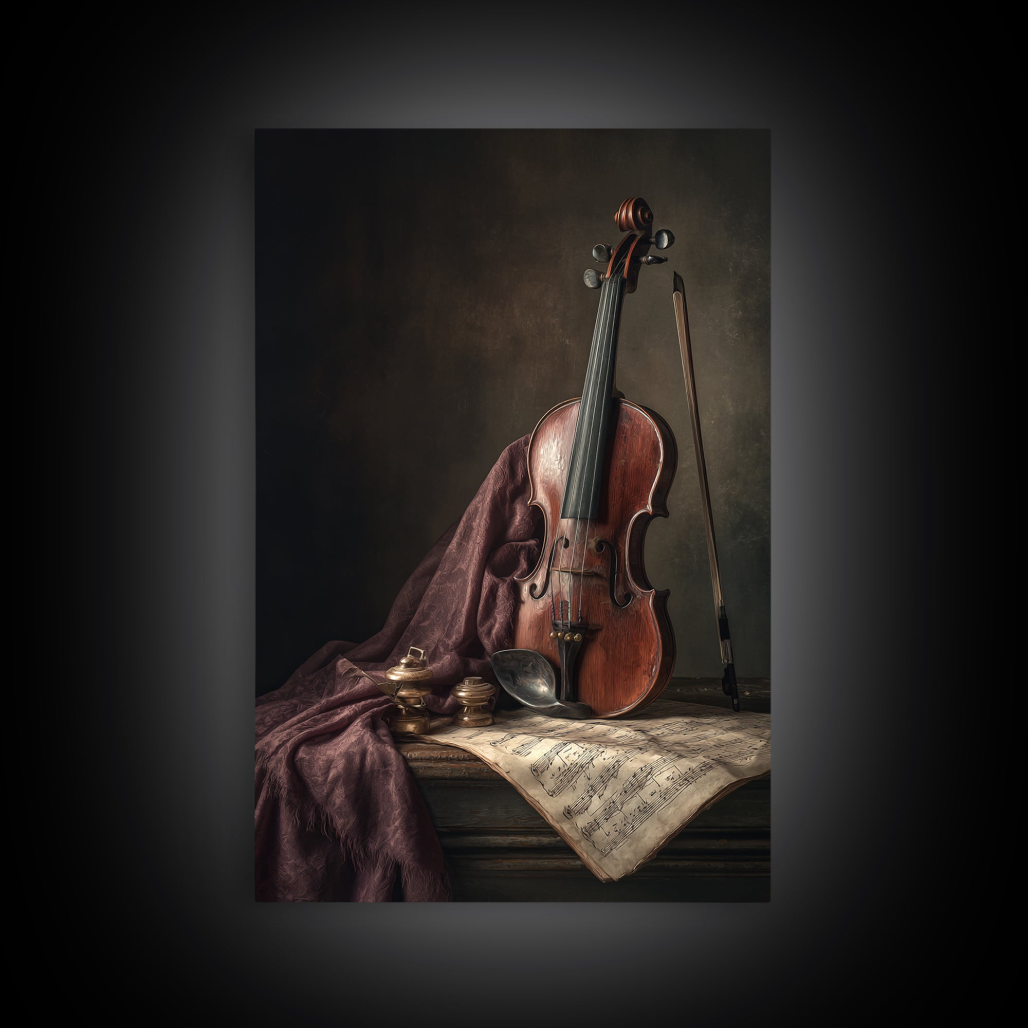 Baroque Violin and Sheet Music Still Life Framed Canvas Print, Baroque Art, Dark Academia Art, Living Room Decor, Ornate, BAO-2x3-43