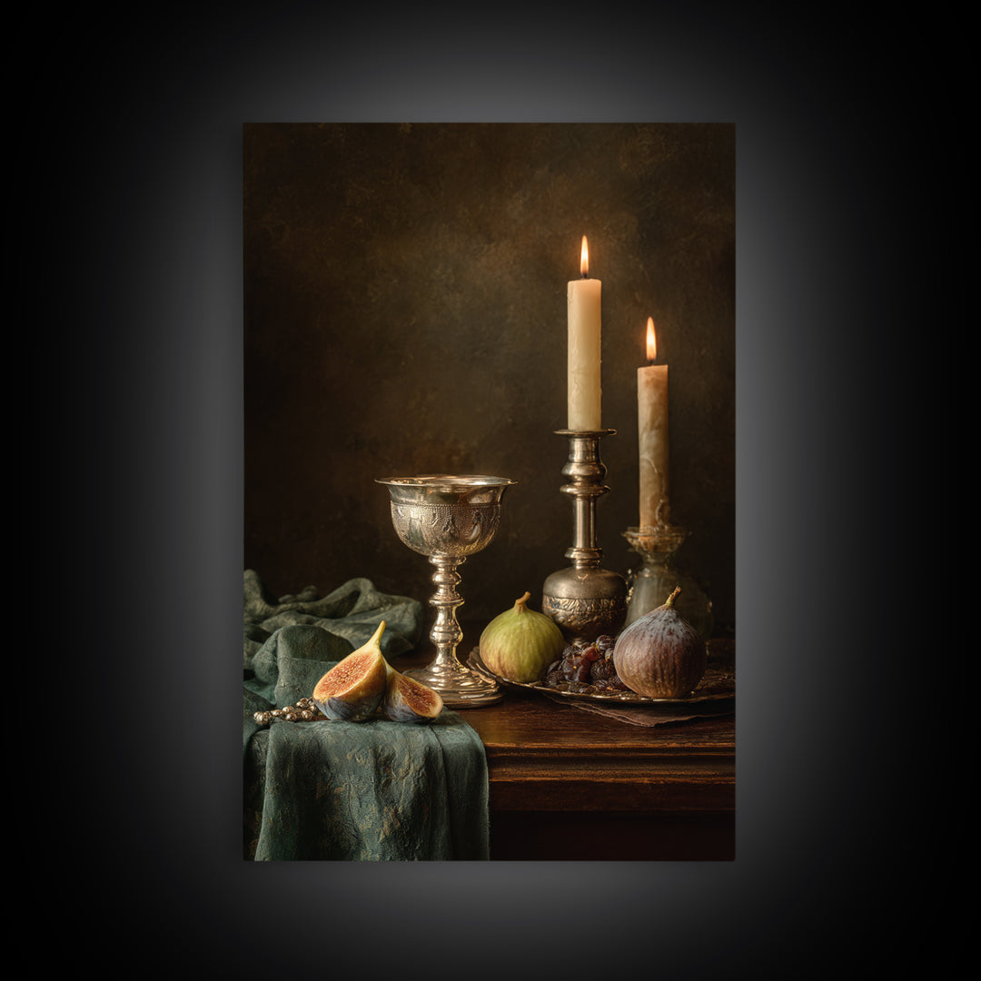Candlelit Table with Silver Goblet and Figs Canvas Print, Baroque Art, Fine Art Print, Living Room Decor, Fine Art, Ornate, BAO-2x3-45