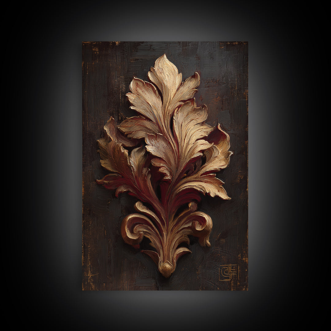 Carved Acanthus Leaf Ornament Study Framed Canvas Print, Baroque Art, Maximalist Decor, Living Room Decor, Fine Art, Ornate, BAO-2x3-47