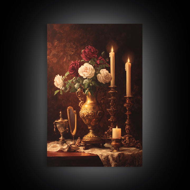 Golden Harp and Roses Canvas Print, Baroque Art, Gallery Decor, Living Room Decor, Fine Art, Ornate, Minimalist Decor, BAO-2x3-50