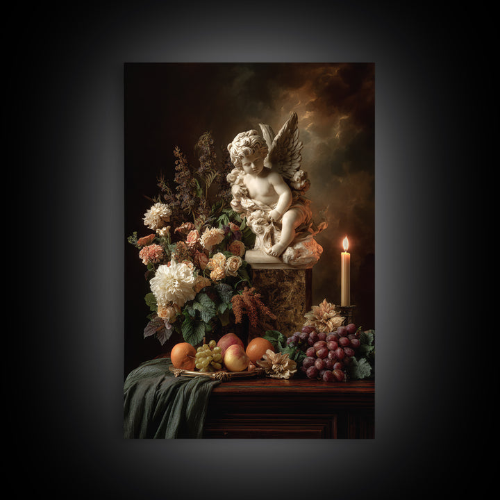 Ornate Cherub Figure Surrounded by Clouds and Canvas Print, Baroque Art, Luxury Decor, Living Room Decor, Fine Art, Ornate, BAO-2x3-58