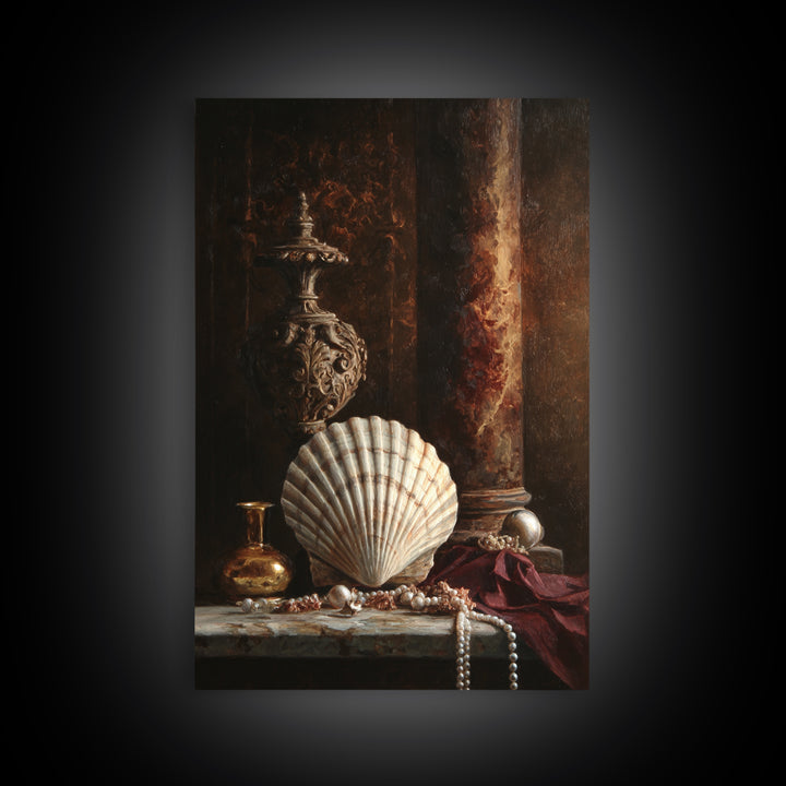Ornamental Shell and Pearl Composition Framed Canvas Print, Baroque Art, Feminist Art, Living Room Decor, Fine Art, Ornate, BAO-2x3-6