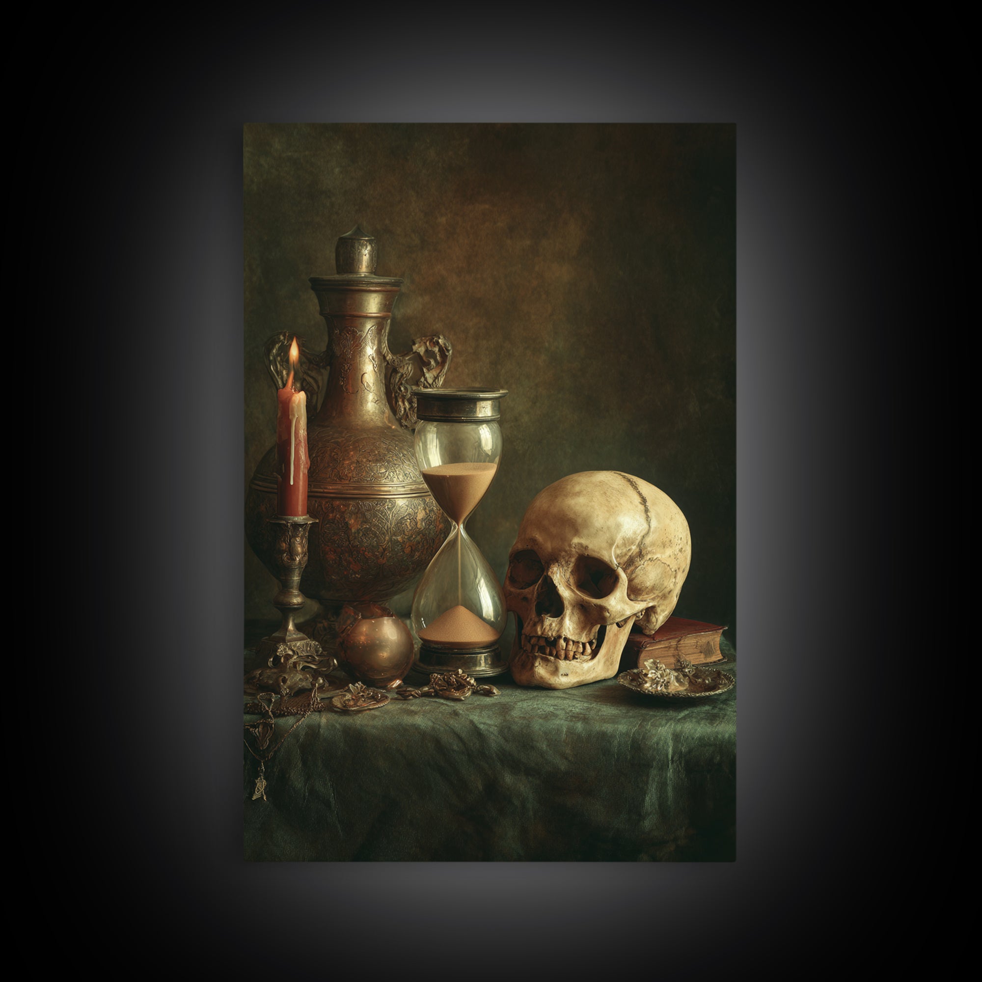 Skull and Hourglass Vanitas Still Life Canvas Print, Baroque Art, Luxury Decor, Living Room Decor, Ornate, Oil Painting, BAO-2x3-61