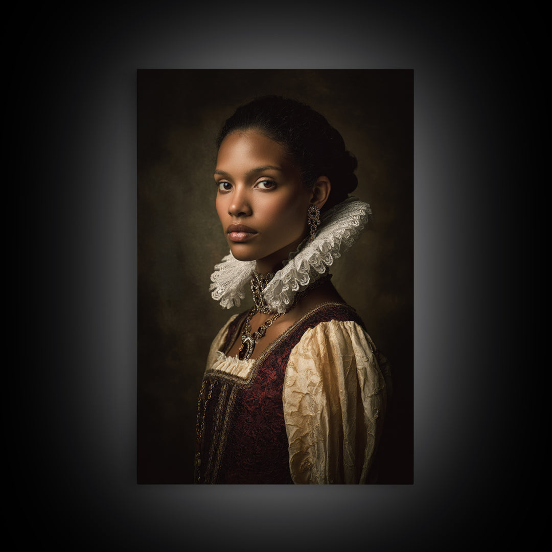 Classical Portrait with Lace Collar and Jewel Framed Canvas Print, Baroque Art, Feminist Art, Living Room Decor, Ornate, BAO-2x3-63