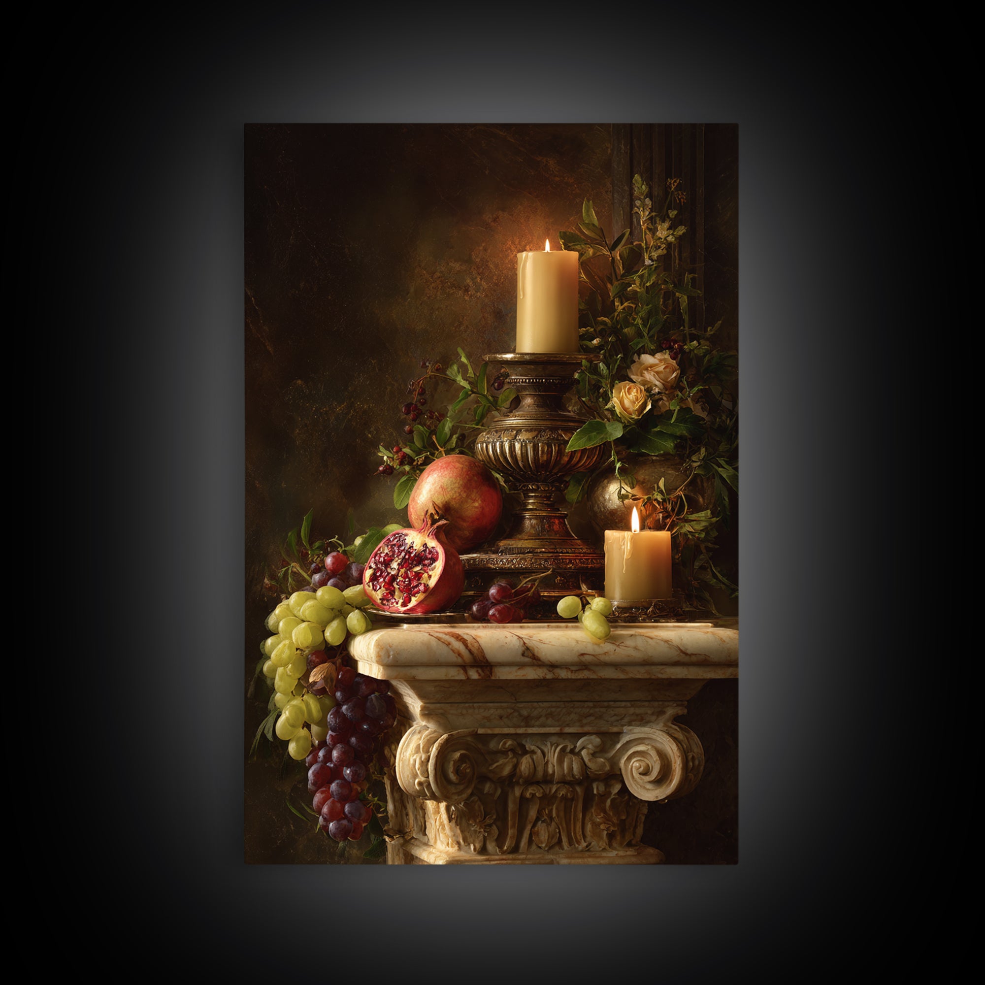 Pomegranate and Grapes on a Marble Ledge Framed Canvas Print, Baroque Art, Dark Academia Art, Living Room Decor, Ornate, BAO-2x3-64