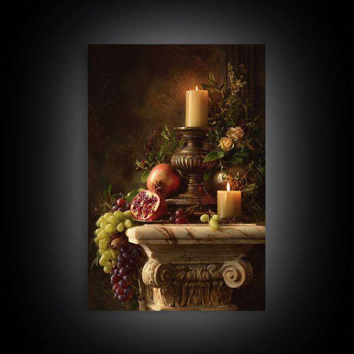 Pomegranate and Grapes on a Marble Ledge Framed Canvas Print, Baroque Art, Dark Academia Art, Living Room Decor, Ornate, BAO-2x3-64